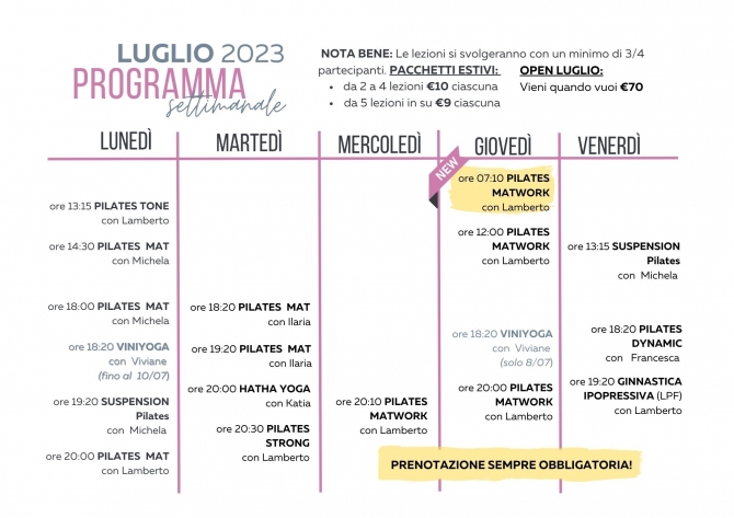 Lezioni nel mese di LUGLIO 2023 - Centro Pilates Yoga Roma