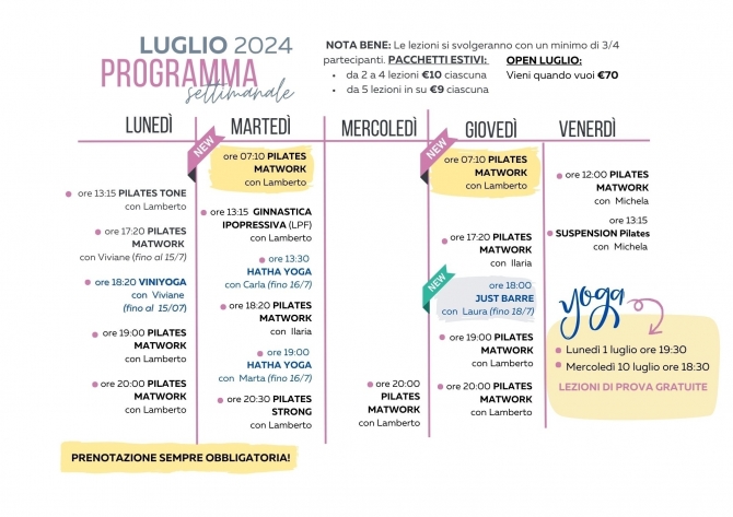 Lezioni nel mese di LUGLIO 2024 - Centro Pilates Yoga Roma